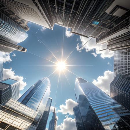 dramatic upward angle of a glass skyscraper reflecting sunlightの素材