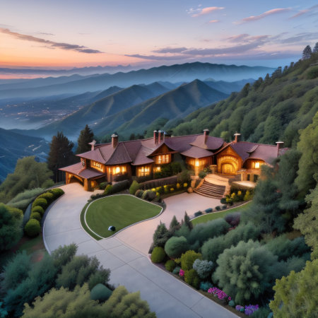 Aerial view of a large luxury mansion in the hills of Los Angeles withの素材