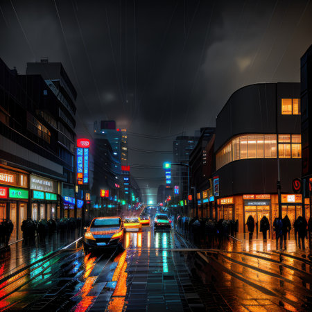 The light trails on the modern building Rainy city street at night withの素材