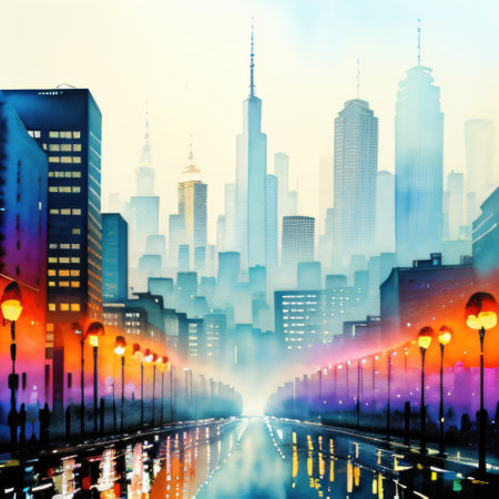 Watercolor painting of abstract and skyscraper Digital artの素材