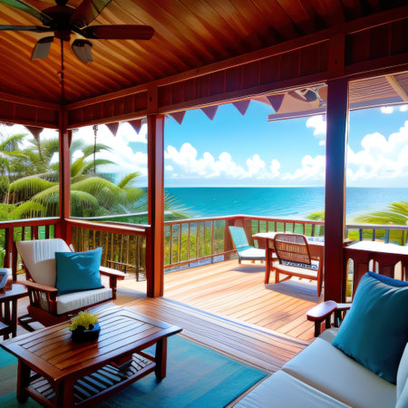 a porch with a swing chair and pillows on the front porch of a beach houseの素材