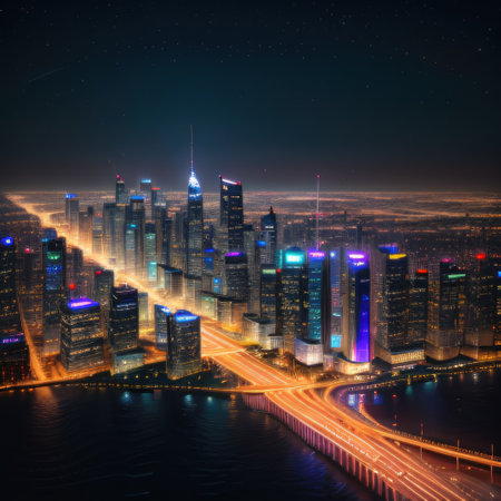 A futuristic city skyline with buildings and holographic billboardsの素材