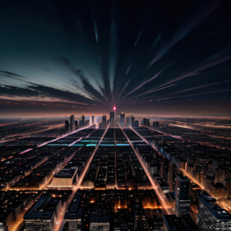 A city skyline at with illuminated buildings and reflections on aの素材