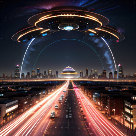 Futuristic city panorama with flying saucers over the roadの素材