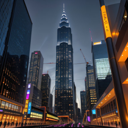 Futuristic skyscraper reflects vibrant city life in modern architectureの素材