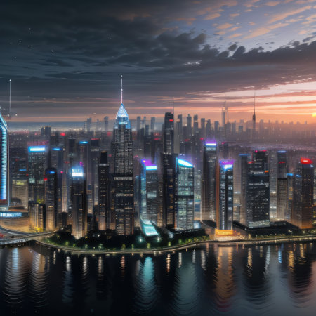 A futuristic city skyline with smart buildings equipped with systemsの素材
