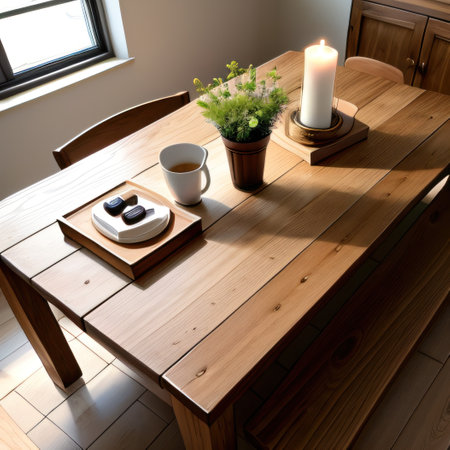 Empty wooden table top and blurred bedroom interior on the Copy space forの素材