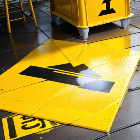 of a yellow standing plastic sign with a figure slipping and falling andの素材