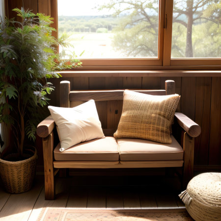 Rustic aged wood tree trunk bench with pillows near stucco wall with driedの素材