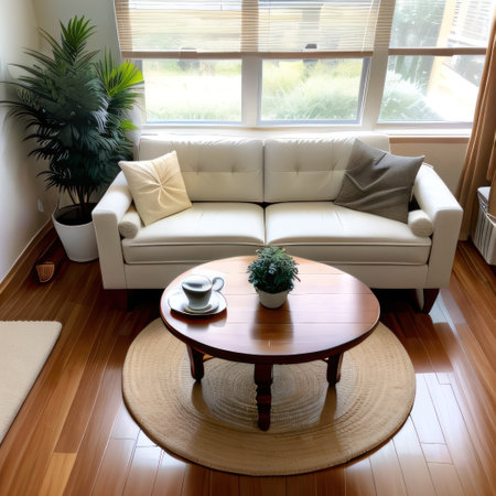 Bright living room interior with empty white panoramic coffee cupboard andの素材