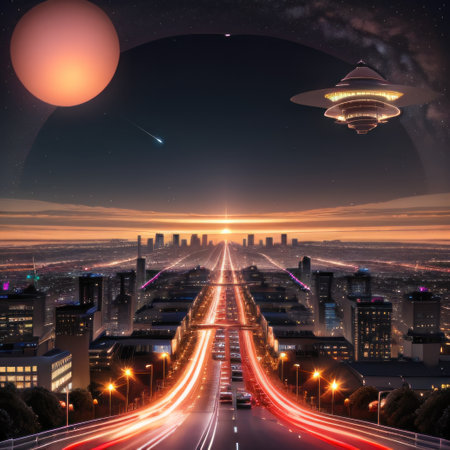 Futuristic city panorama with flying saucers over the roadの素材