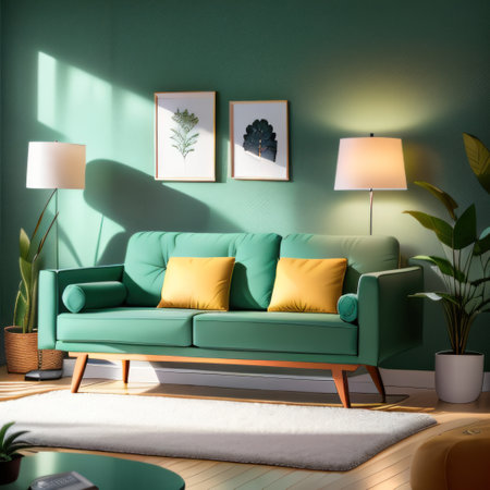 modern living Turquoise sofa in green living room interior with leavesの素材