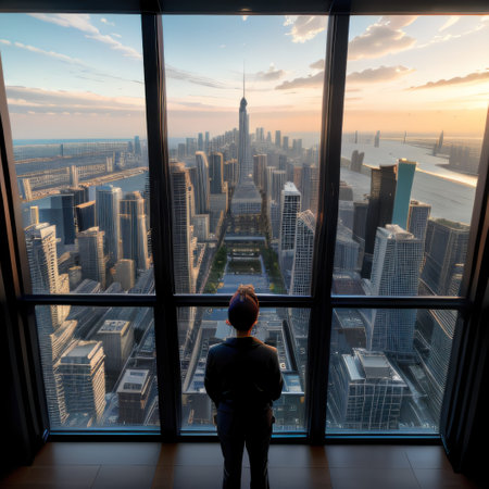 happy enjoys a breathtaking view of the urban cityscape through a bigの素材