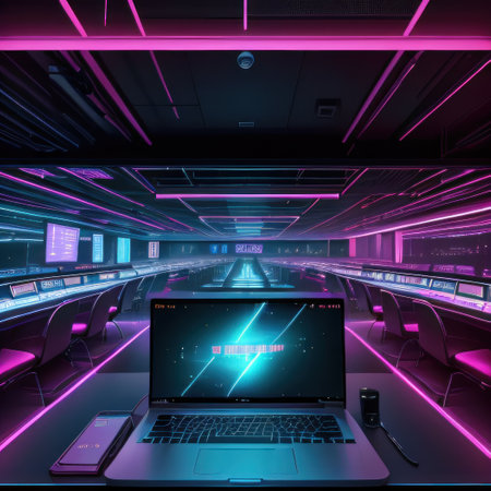 Modern neon cyberpunk open space interior blurred with informationの素材