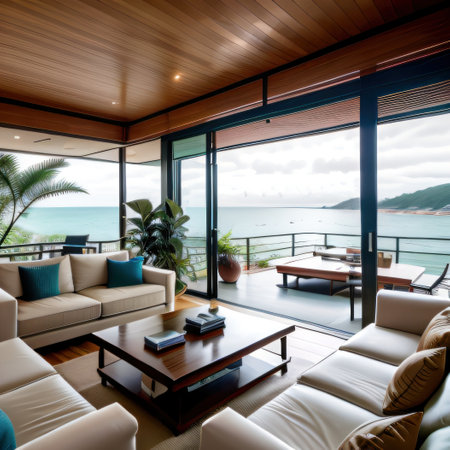 modern living room with oceanの素材