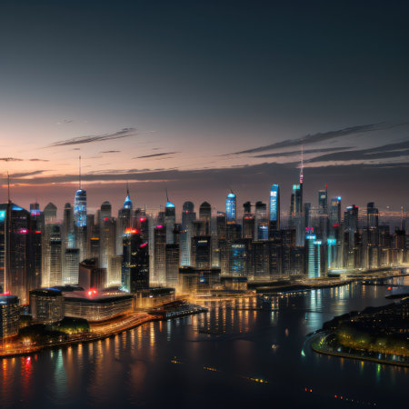 A futuristic city skyline with smart buildings equipped with systemsの素材