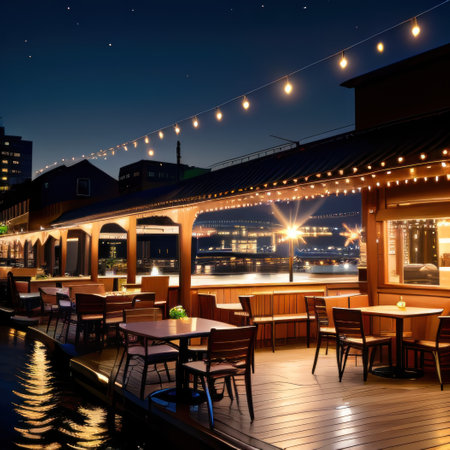 local dining scene of a restaurant in the evening with string lightsの素材