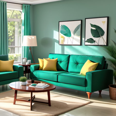 modern living Turquoise sofa in green living room interior with leavesの素材
