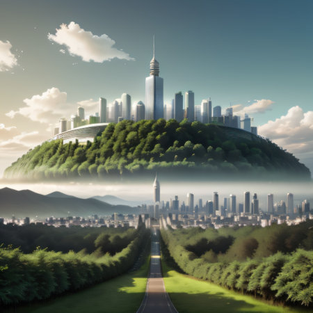 A green with a city on top of AIの素材