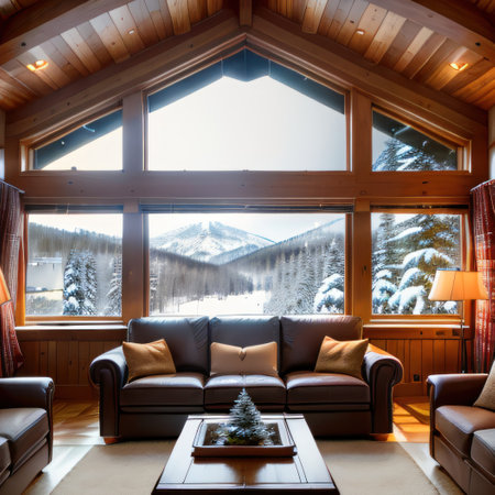 a ski with a roaring timber and panoramic windows offering views of slopesの素材