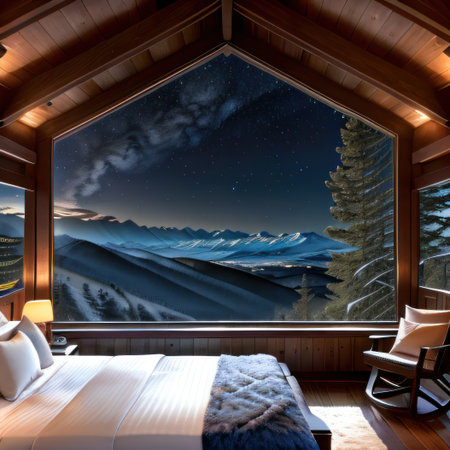 night scene glass house bedroom with a mountain White largeの素材