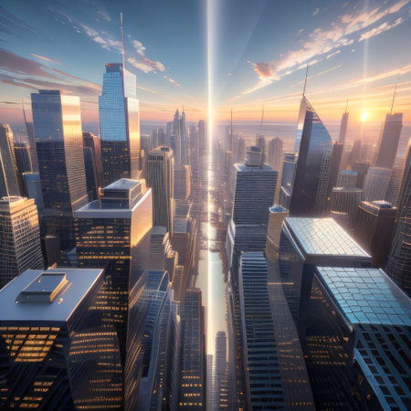 Sunset reflected off modern glass facades of skyscrapers in the financialの素材