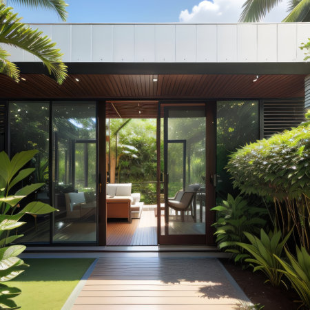 Photo of a modern house surrounded by lush greeneryの素材