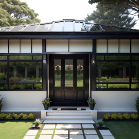 Aesthetic home entrance with large glass sliding doors with lots of copyの素材