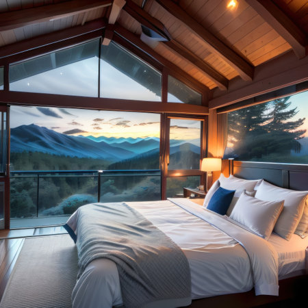 night scene glass house bedroom with a mountain White largeの素材