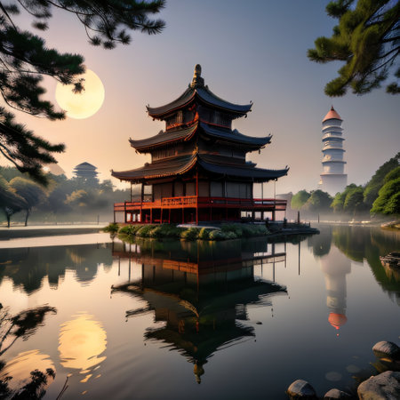 Asian lakeside old cottage with morning isolated tshirtの素材