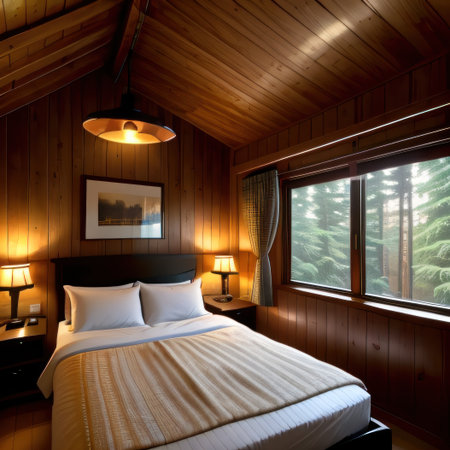 interior of a bedroom in the cabin in the forest created with technologyの素材