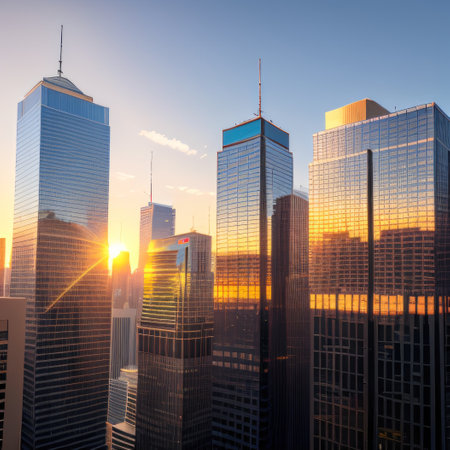 Sunset reflected off modern glass facades of skyscrapers in the financialの素材