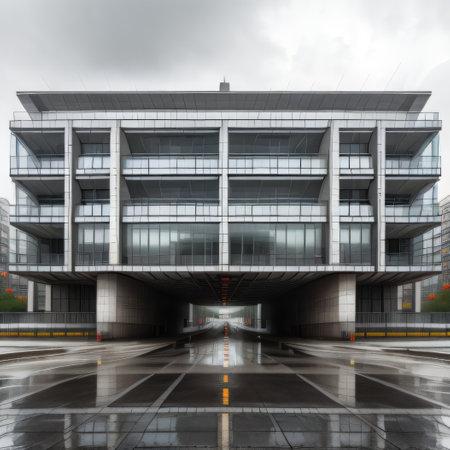 Modern office building. Perspective view of modern office building with a cloudy sky.の素材