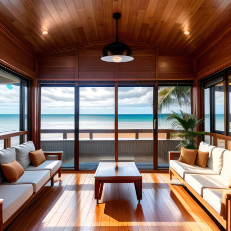 a modern with wooden walls and ceilinging that looks like an art workの素材