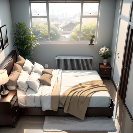 Modern bedroom interior with high AIの素材
