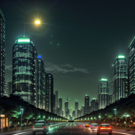 Advanced futuristic green energy in urban modern skyscrapers made of glassの素材