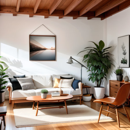 mock up poster frame in boho interior wooden living room Scandinavianの素材