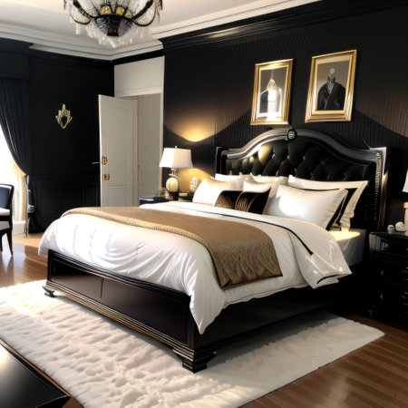 Luxury bedroom in art deco style with black and white Super photo realisticの素材