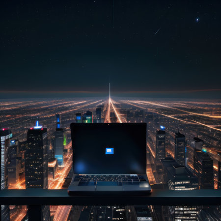a laptop on a railing overlooking a city at nightの素材