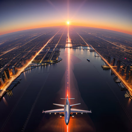 Beautiful panorama of the city with a plane soaring in the Chicagoの素材