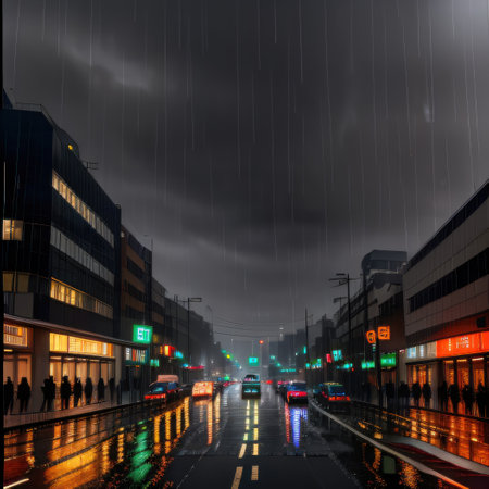 The light trails on the modern building Rainy city street at night withの素材
