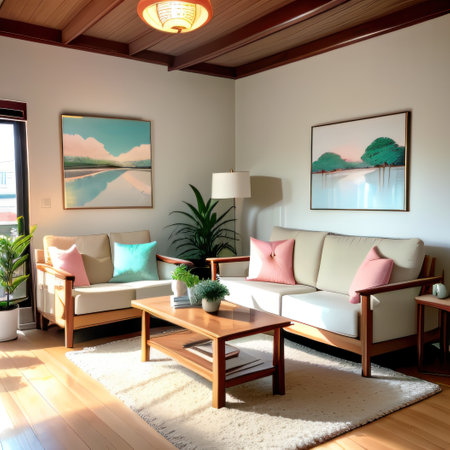 A cozy pastel living room with minimal including a comfy and armrestsの素材