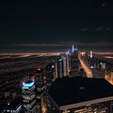 a laptop on a railing overlooking a city at nightの素材
