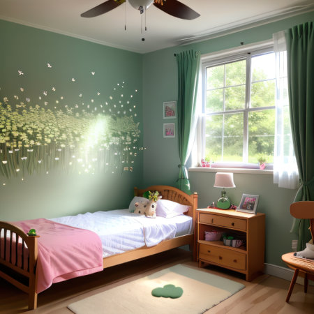 a bedroom with a wall mural of a smilingon the wall and a green field ofの素材