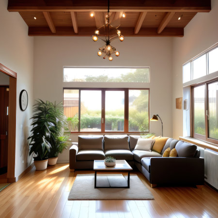Interior of a contemporary kitchen and living made using toolsの素材