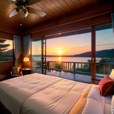 A bedroom with a view of theの素材