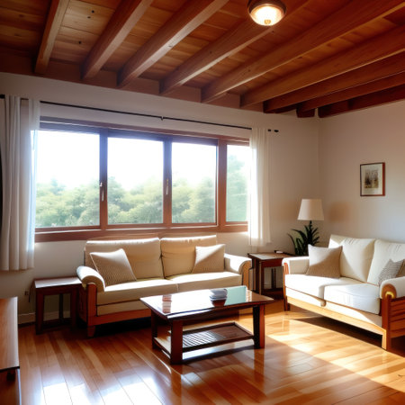 white living room in with wooden floors and wooden beamsの素材