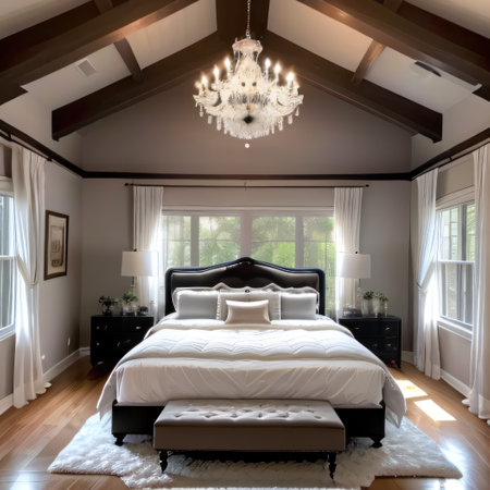 Beautiful furnished master bedroom interior in luxury home Featuresの素材