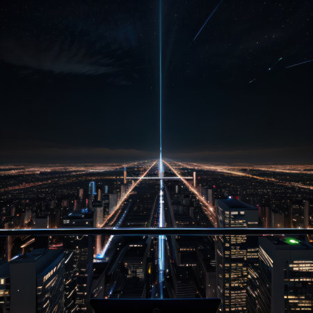a laptop on a railing overlooking a city at nightの素材