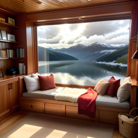 Cosy reading corner with book shelves by large vindow with relaxing viewの素材